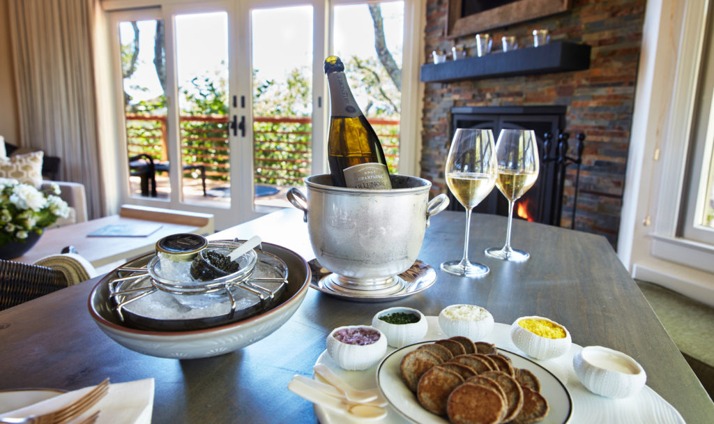 Jordan Chef's Reserve Caviar and Jordan Chardonnay in the Wildwood Cottage at Jordan Estate