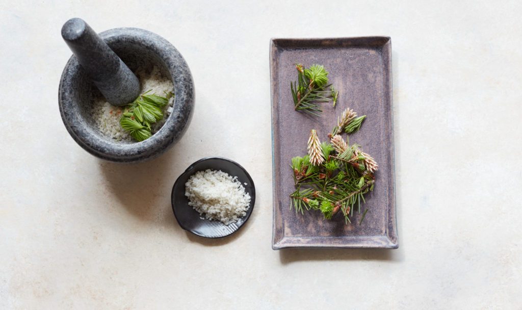 Mortar & pestle, bowl and plate filled with foraged ingredients