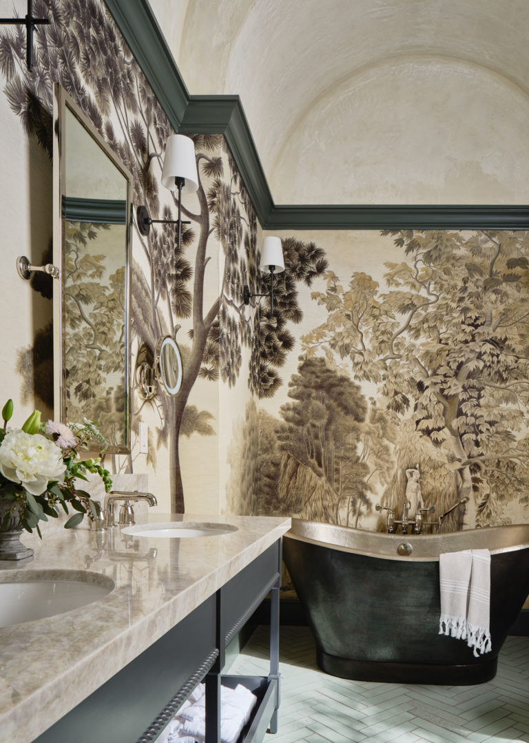 jordan winery overnight guest bathroom with bathtub and decorative wallpaper