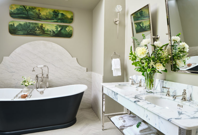 Jordan Winery guest suite bathroom with black and white tub