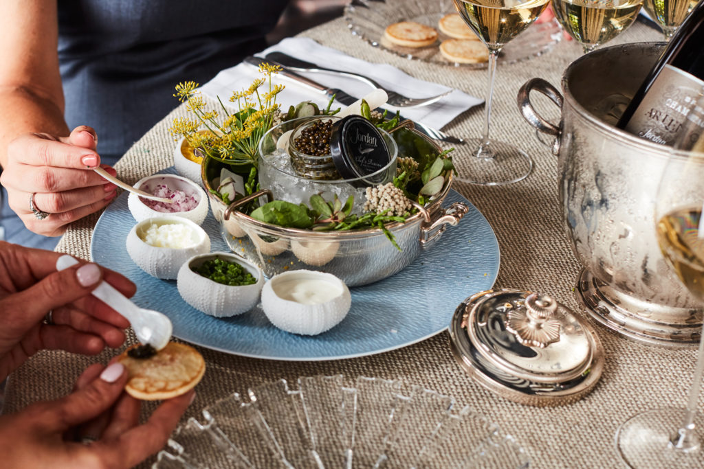 Jordan Chef's Reserve Caviar and Jordan Cuvee by Champagne AR Lenoble in beautiful table setting