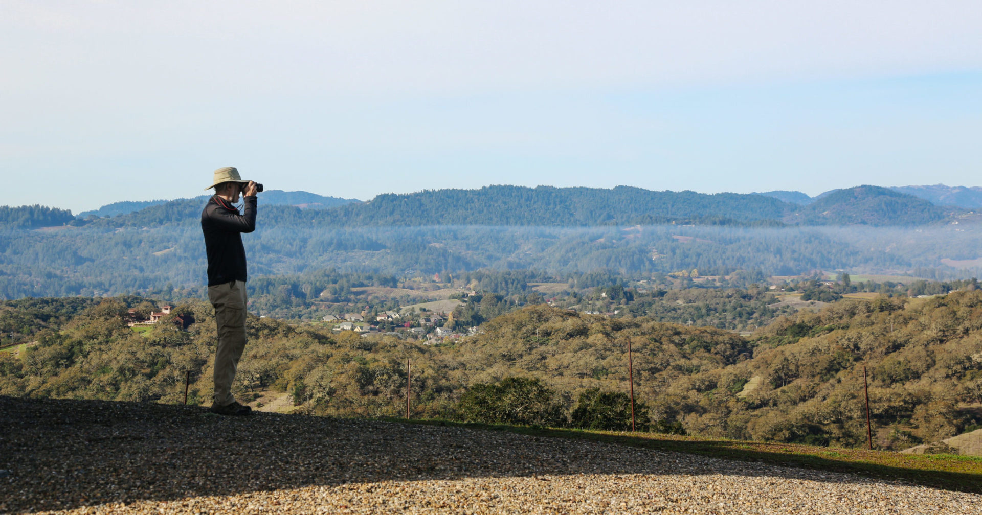 man taking image of Sonoma Vineyard with mountains