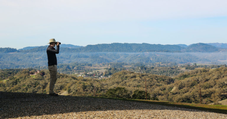 man taking image of Sonoma Vineyard with mountains