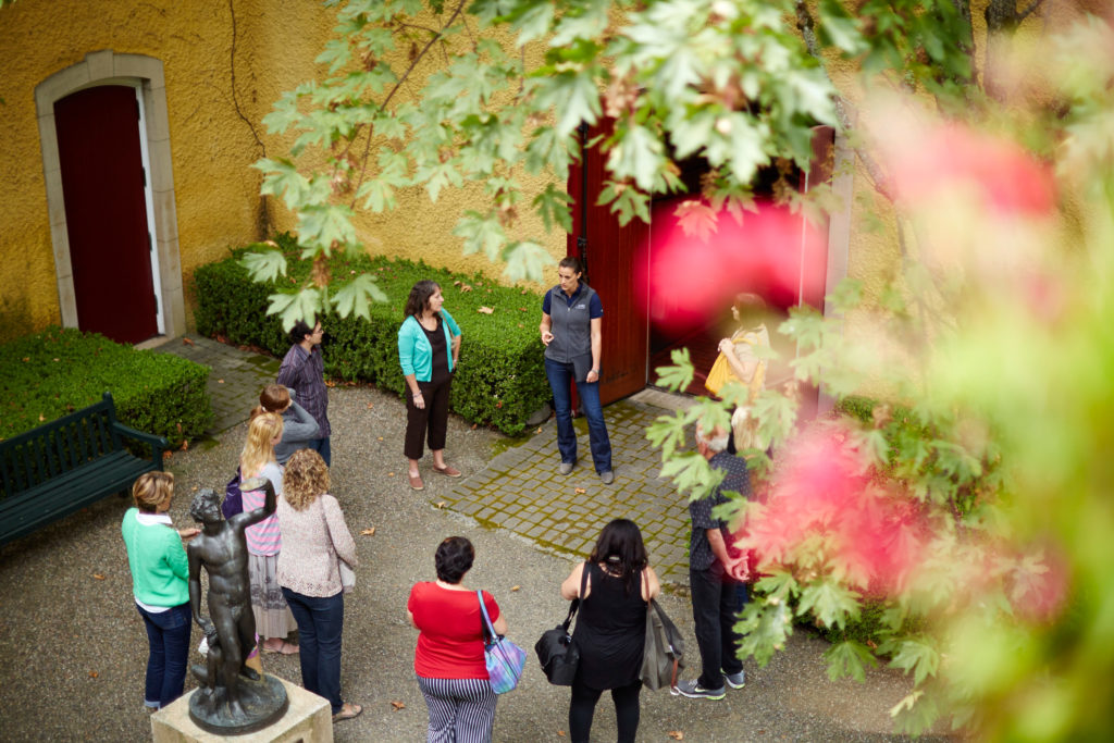 Looking down into the Bacchus Courtyard at Jordan Winery