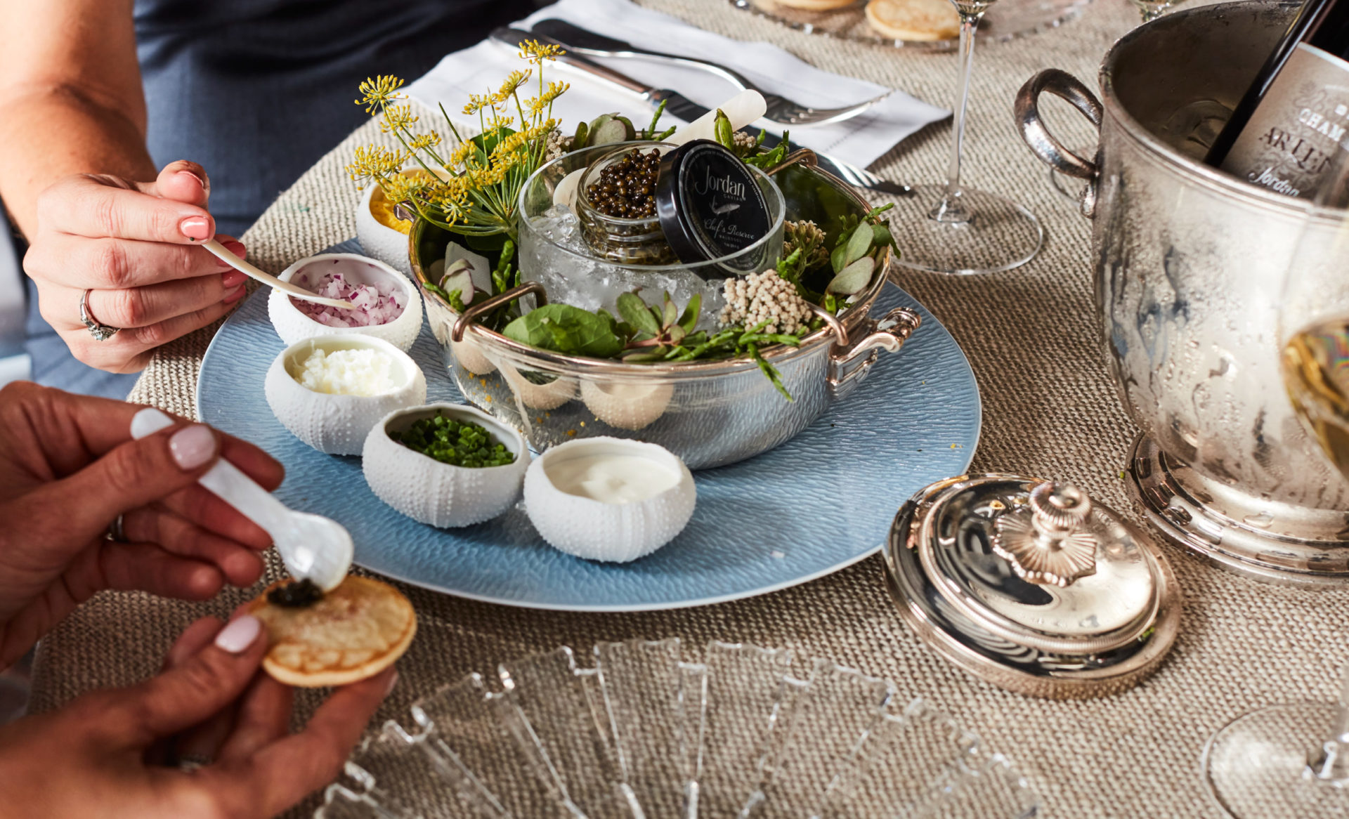 Jordan Chef's Reserve Caviar and Jordan Cuvee by Champagne AR Lenoble in beautiful table setting