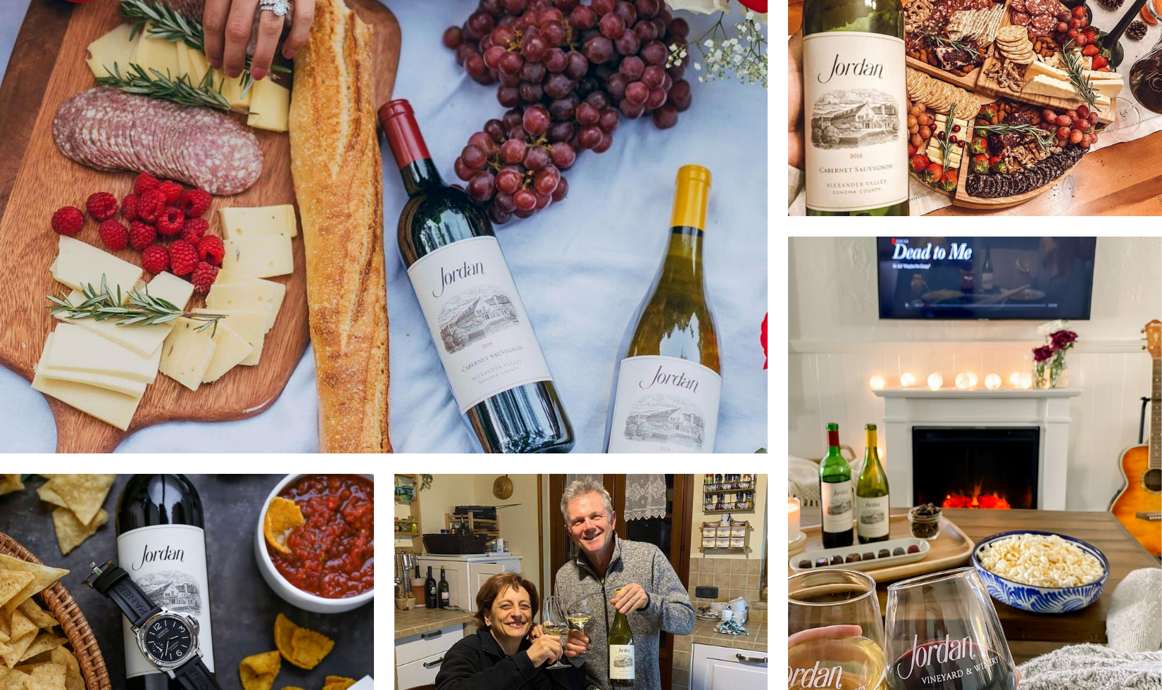 collage of picnic photos with bottles of wine and food