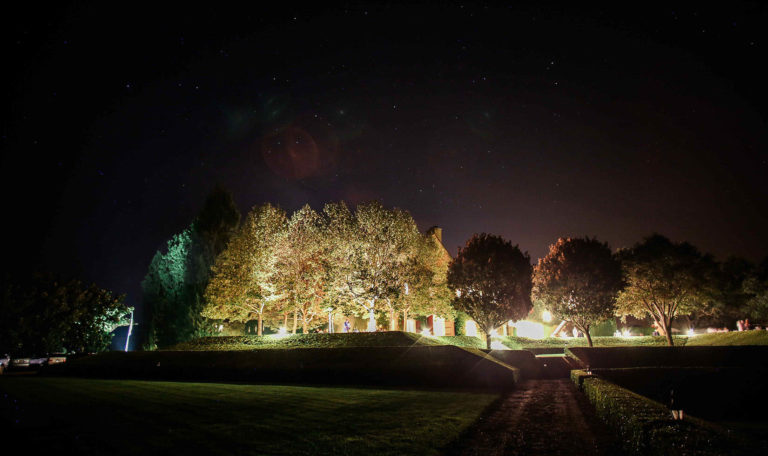 Flood lights shining on trees at Jordan Winery below a starry night sky.