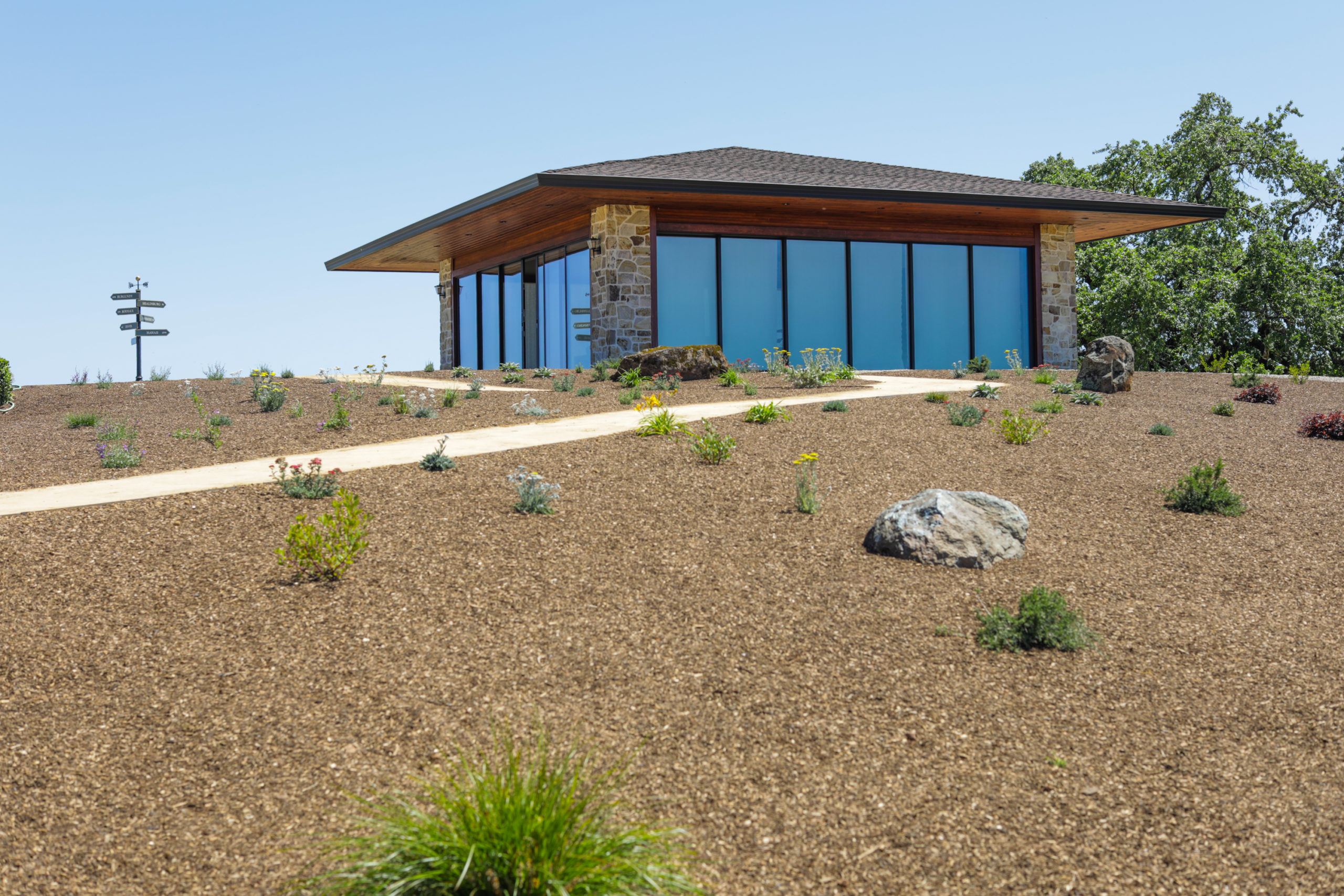 Jordan Winery Hilltop Pavilion with Pollinator Plants on New Pathway