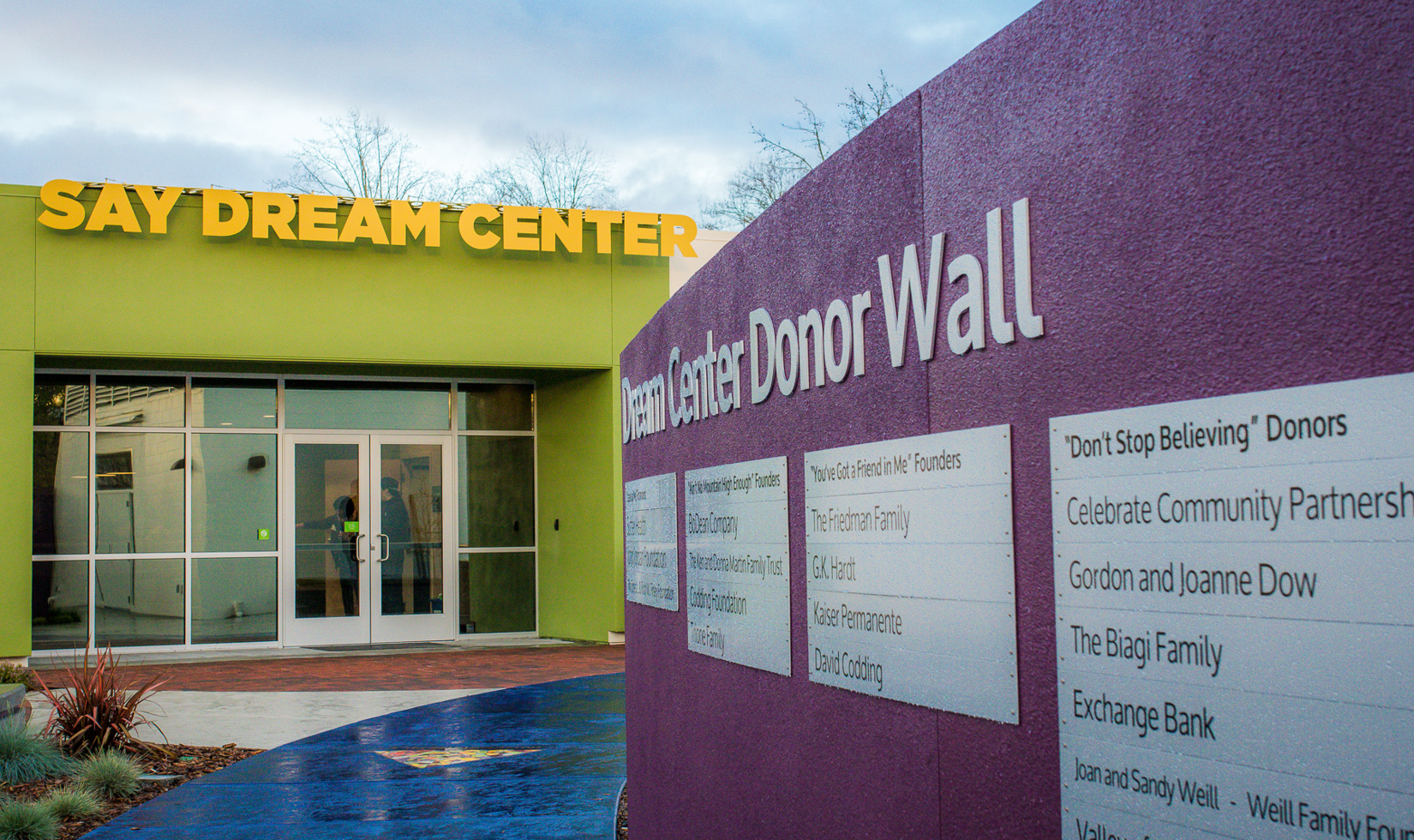 exterior of green and purple building