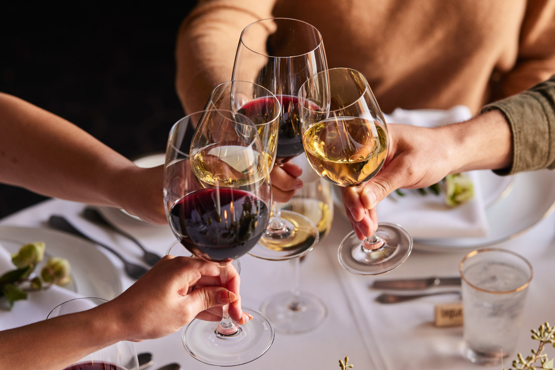 group of cabernet and chardonnay wine glasses toasting at dinner table