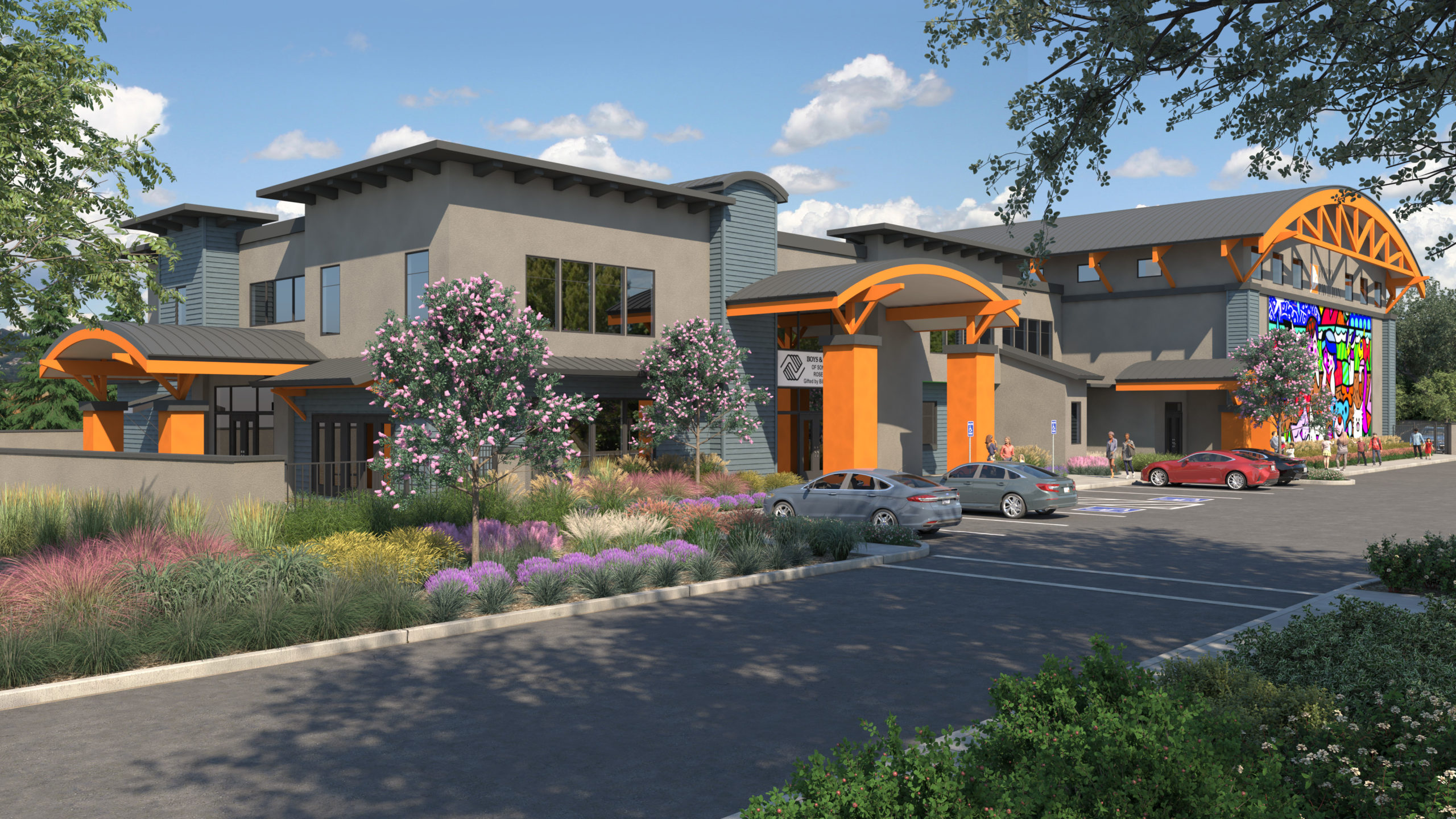 A digital rendering of the new Boys & Girls Club towers in Healdsburg, updated with modern entryways and spare space. 