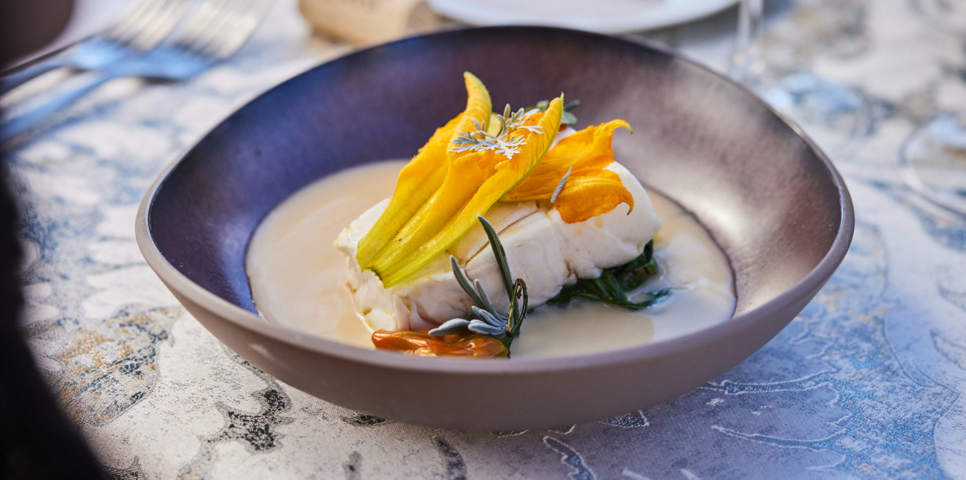 close up on white fish dish with squash blossom