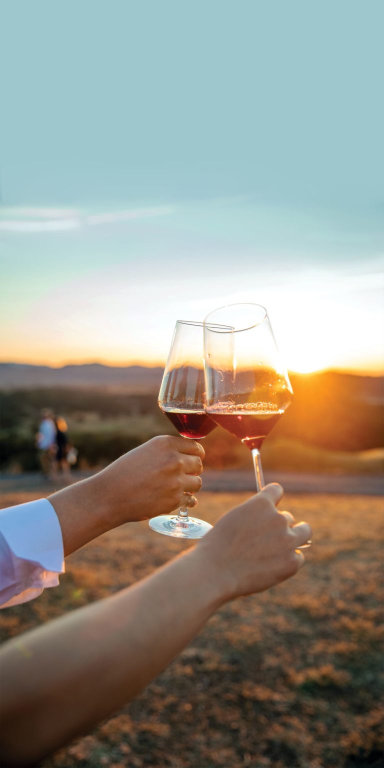 Glasses with red wine toasting with sunset view in background