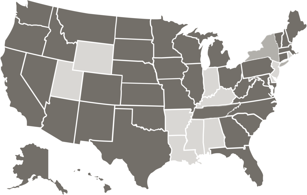 Map of states that Jordan Winery ships to, which excludes: AL, AR, DE, IN, KY, LA, MS, NJ, RI, UT and WY.