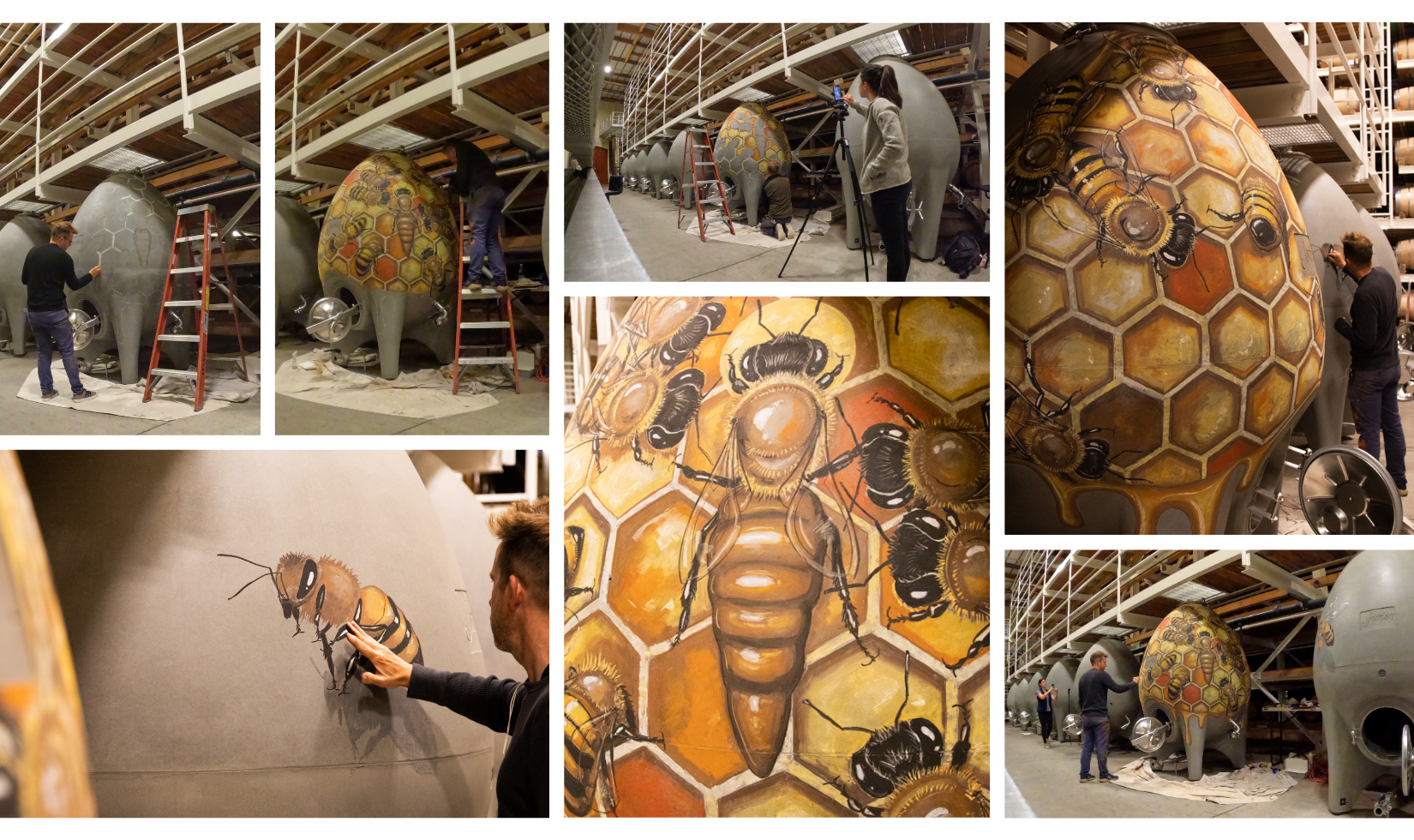 photo collage of honeybee art installation in winery barrel room