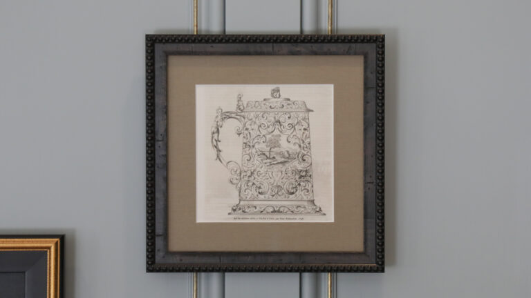 Framed drawing of a decorative beer pitcher