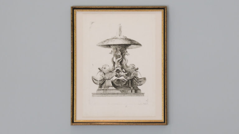 Drawing of a stone fountain with sculptures of sea fish