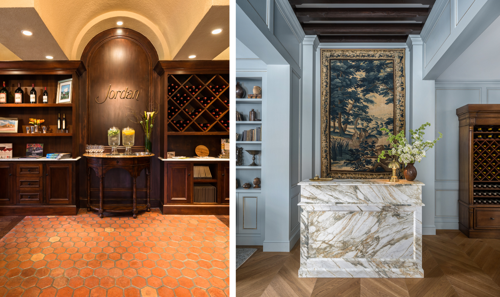 before and after photos of winery lobby entrance with concierge desk and tapestry and wooden panel walls