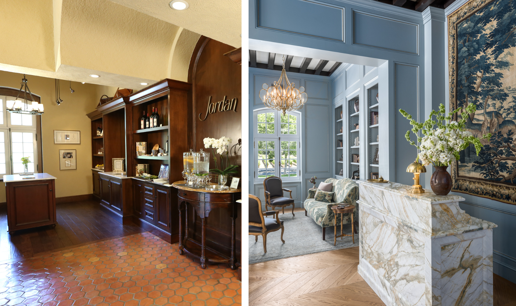 before and after photos of Jordan Winery Lobby Retail. Left photo includes wooden cabinets filled with wine bottles and retail items and the right photo has marble concierge desk with blue walls and tapestry