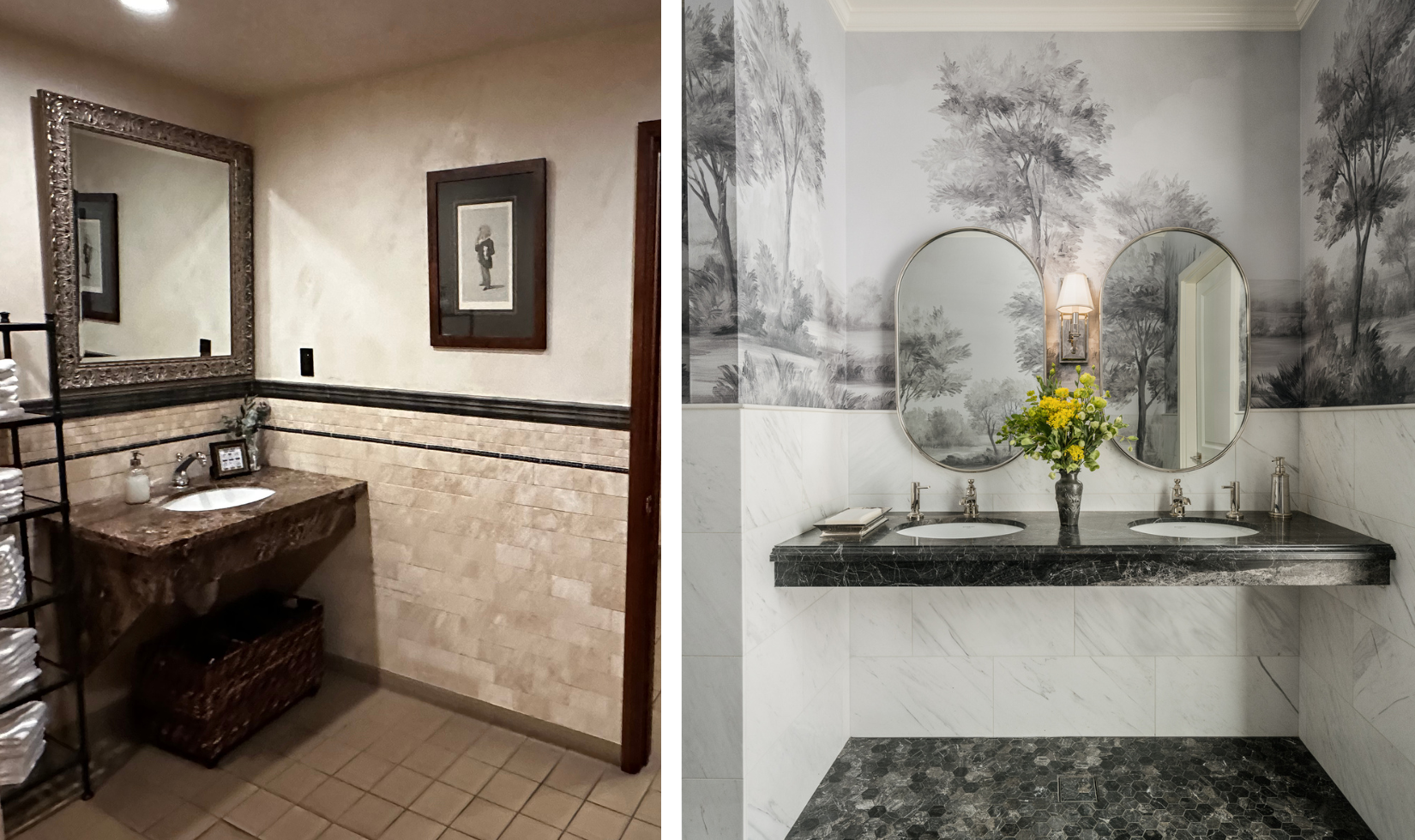 before and after photos of a men's bathroom. left image has dark wood accents and tiled flooring and right photo has intricate black and white wallpaper with two silver mirrors, a black marble countertop and a vase of yellow flowers.