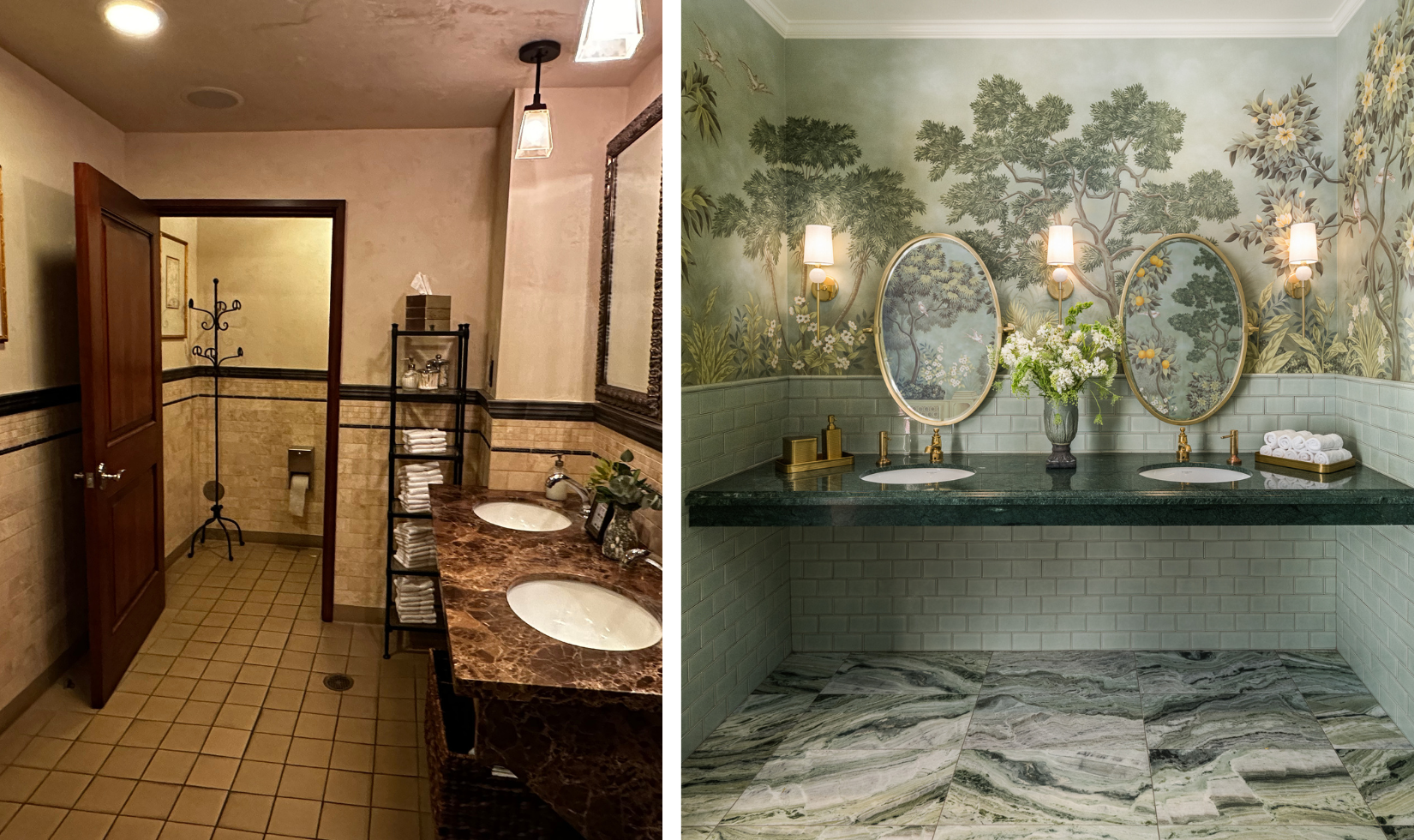 before and after photos of women's bathroom. left image has dark wood accents and tiled flooring and right photo has intricate green and blue wallpaper with two gold mirrors
