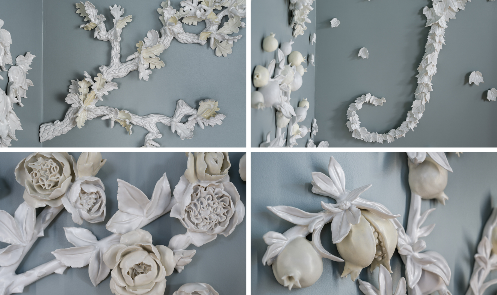 photo collage of four photos that are detail shots of porcelain wall sculpture on robin's blue wall. 