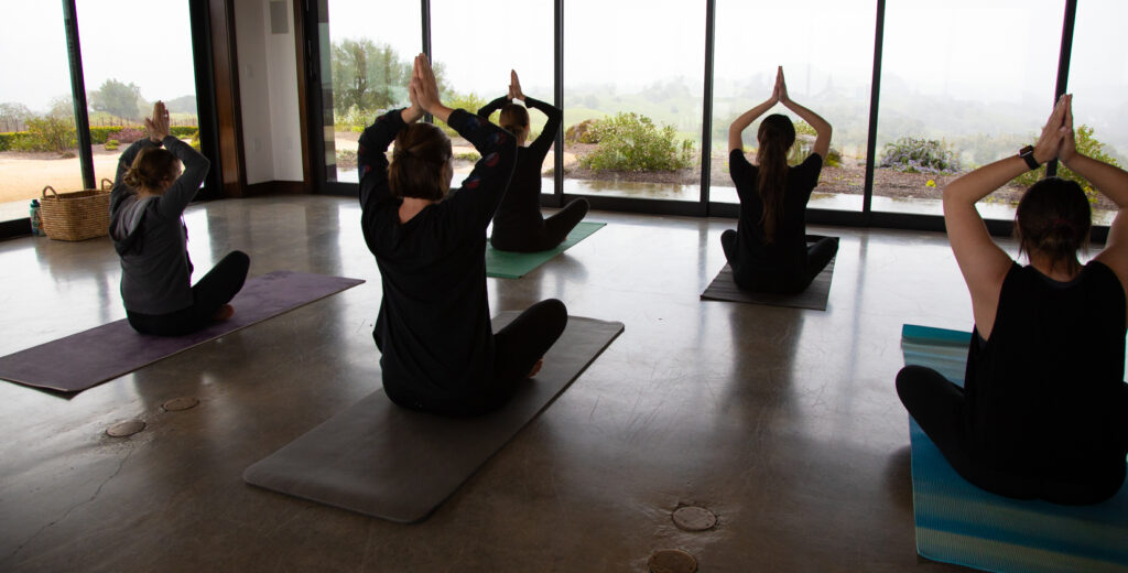 group of women doing yoga in glass pavilion