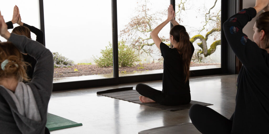 group of women doing yoga in glass pavilion room with views of trees