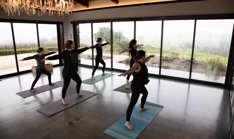 group of women doing yoga in glass pavilion