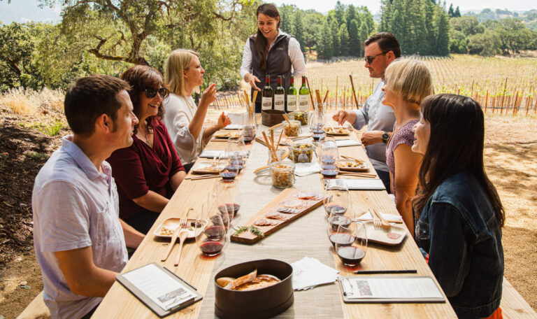group at picnic table in vineyard with wine tasting and small bites on table