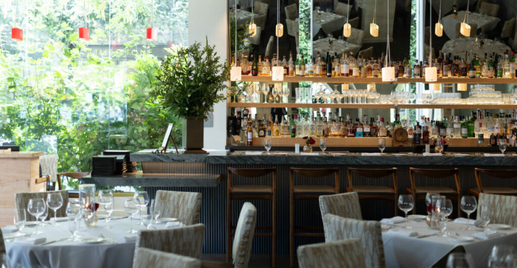 formal restaurant and bar scene with windows