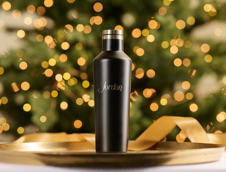 Black Corkcicle Canteen water bottle on holiday table